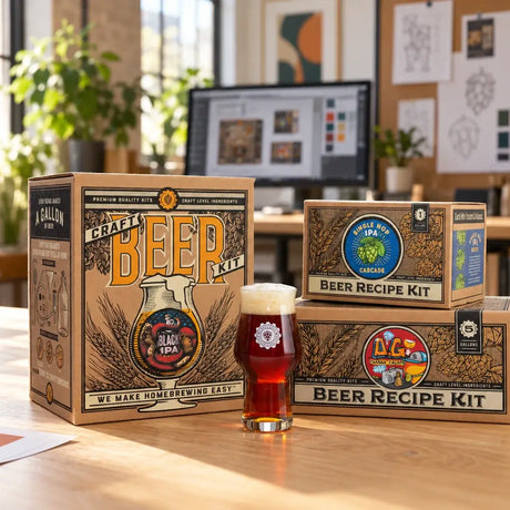 Craft a Brew home beer brewing kit and recipe kit packaging displayed on a design studio desk.