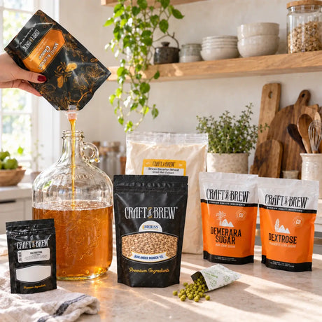 Craft a Brew homebrewing ingredients, including grains, hops and brewing sugars, beside a glass fermenter.